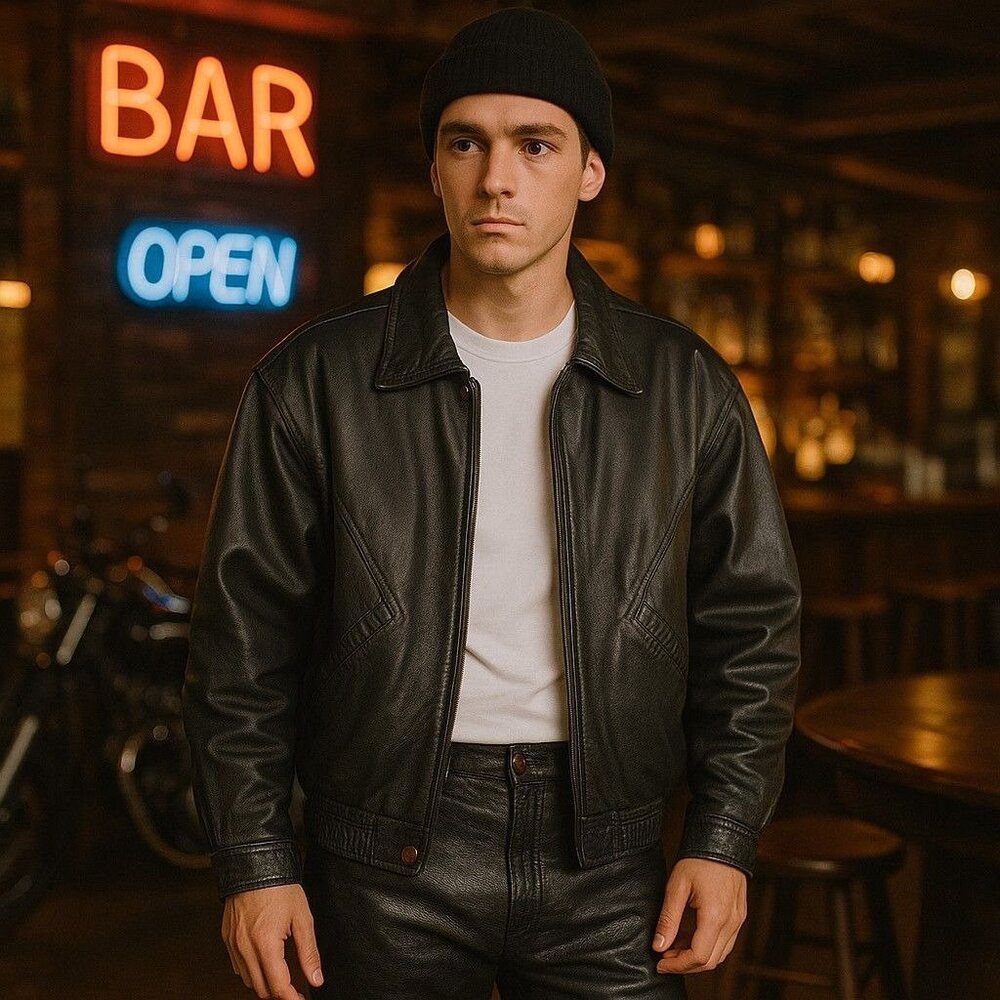 Rentini VTG Leather Grunge Punk Bomber Jacket "Sad Face" Men's L Black / White - Picture 4 of 10